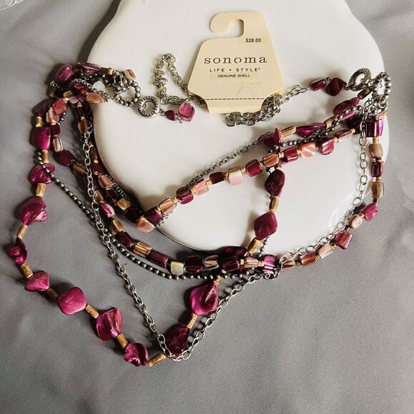Sonoma Silver Tone Necklace Pink Shades Multi Layer Genuine Shell Stones - Picture 6 of 11